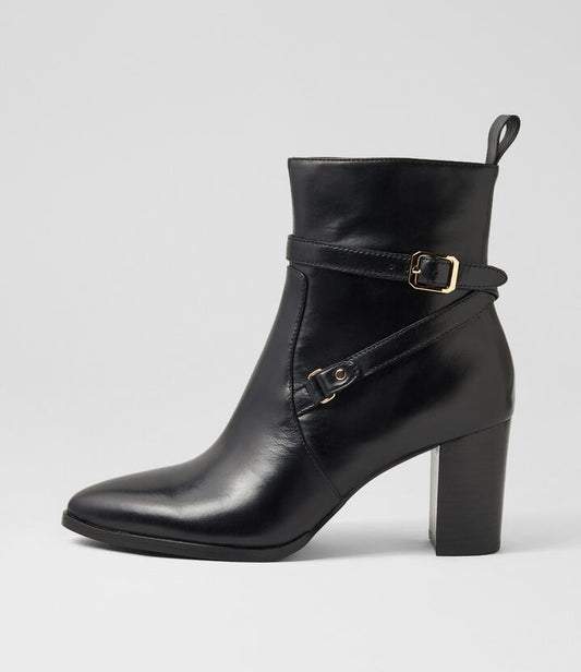Image of Boots. Productname: Acadam Black Leather Ankle Boots in BLACK-BLACK HEEL colour by brand - MIDAS