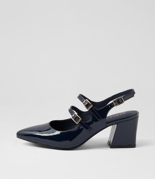 Image of Flats. Productname: Merina Navy Patent Leather Mary Jane Heels in NAVY colour by brand - MIDAS