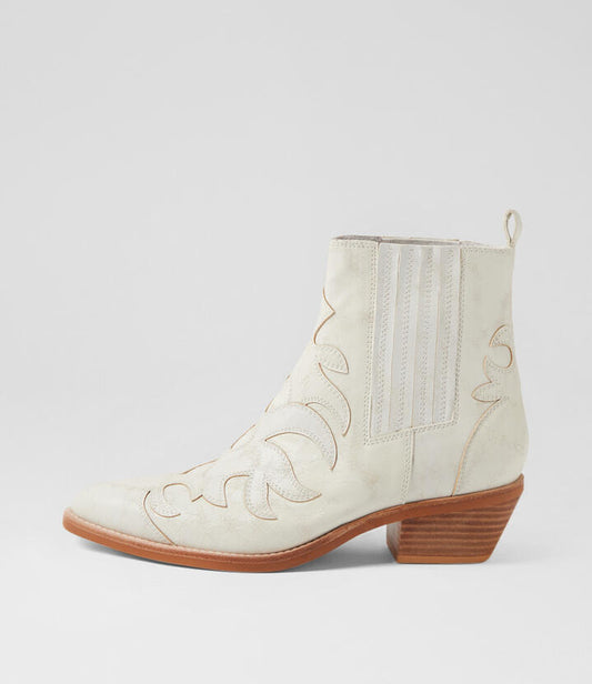 Image of Boots. Productname: Eeger White Distressed Leather Ankle Boots in WHITE colour by brand - MIDAS