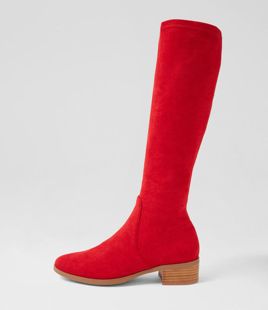 Image of Boots. Productname: Tenley Red Stretch Microsuede Knee High Boots in RED colour by brand - MIDAS
