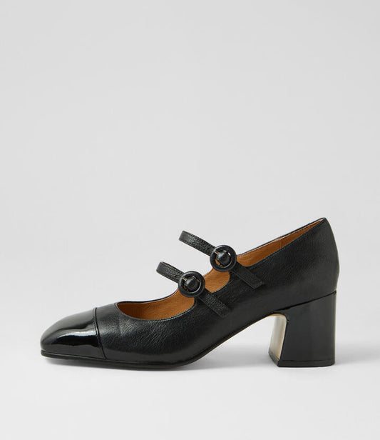 Image of Flats. Productname: Kutesy Black Patent Leather Mary Jane Heels in BLACK-BLACK colour by brand - MIDAS