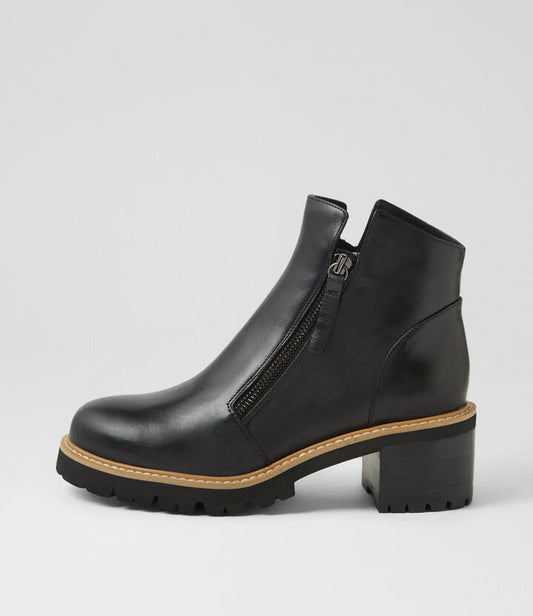 Image of Boots. Productname: Mcgill Black Leather Ankle Boots in BLACK-BLACK HEEL colour by brand - MIDAS