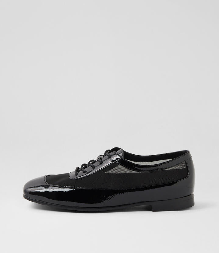 Image of Flats. Productname: Partoff Black Patent Mesh Lace Up Flats in BLACK-BLACK HEEL colour by brand - MIDAS