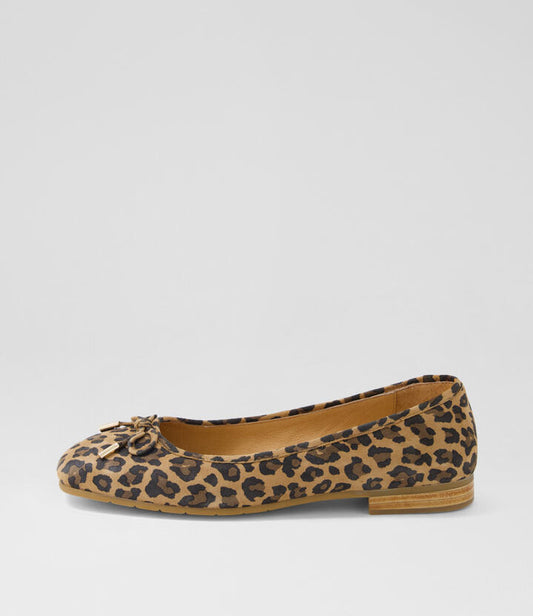 Image of Footwear. Productname: Panima Camel Leopard Suede Ballet Flats in CAMEL LEOPARD colour by brand - MIDAS