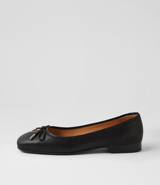 Image of Footwear. Productname: Panima Black Leather Ballet Flats in BLACK-BLACK HEEL colour by brand - MIDAS
