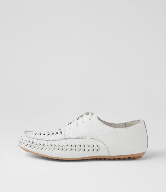 Image of Flats. Productname: Vycount White Leather Lace Up Flats in WHITE colour by brand - MIDAS