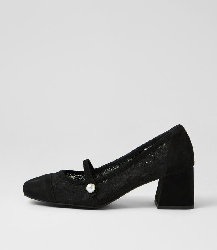 Image of Flats. Productname: Vuego Black Lace Suede Mary Jane Heels in BLACK-BLACK LACE colour by brand - MIDAS