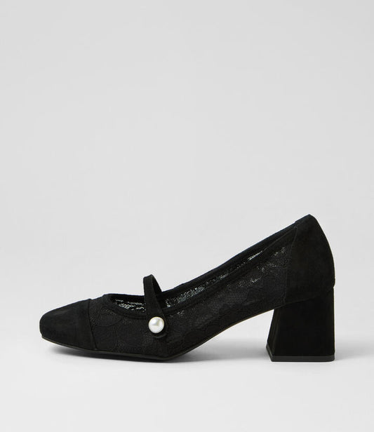 Image of Flats. Productname: Vuego Black Lace Suede Mary Jane Heels in BLACK-BLACK LACE colour by brand - MIDAS