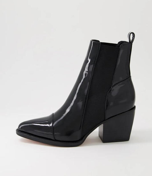Image of Boots. Productname: Maddern Black Wrinkle Patent Chelsea Boots in BLACK-BLACK HEEL colour by brand - MIDAS