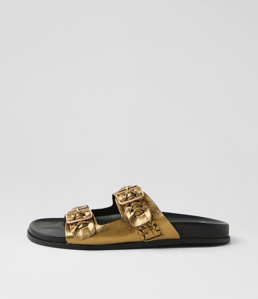 Image of Slippers. Productname: Hiddem Old Gold Leather Slides in OLD GOLD colour by brand - MOLLINI