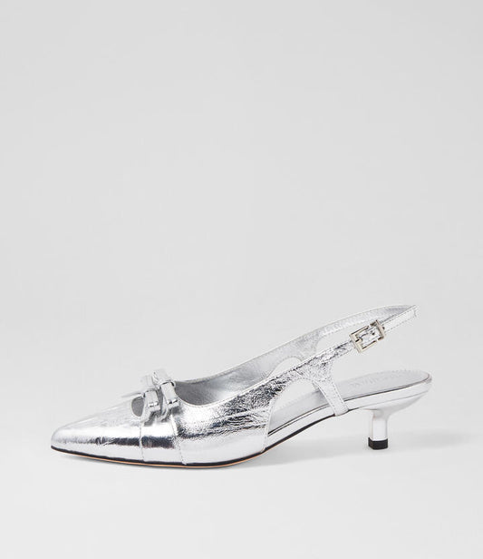 Image of Heels. Productname: Cosima Silver Crinkle Leather Heels in SILVER colour by brand - MOLLINI