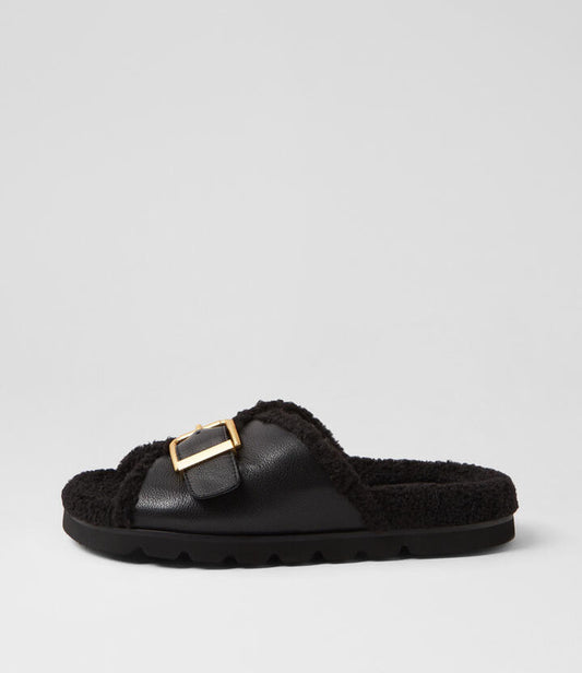 Image of Slippers. Productname: Esme Black Leather Shearling Slides in BLACK-BLACK colour by brand - MOLLINI