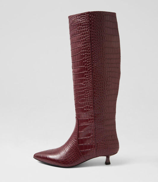Image of Boots. Productname: Cesarina Burgundy Croc Leather Knee High Boots in BURGUNDY colour by brand - MOLLINI