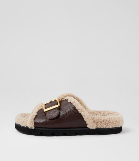 Image of Slippers. Productname: Esme Dark Brown Natural Leather Shearling Slides in DK BROWN-NATURAL colour by brand - MOLLINI