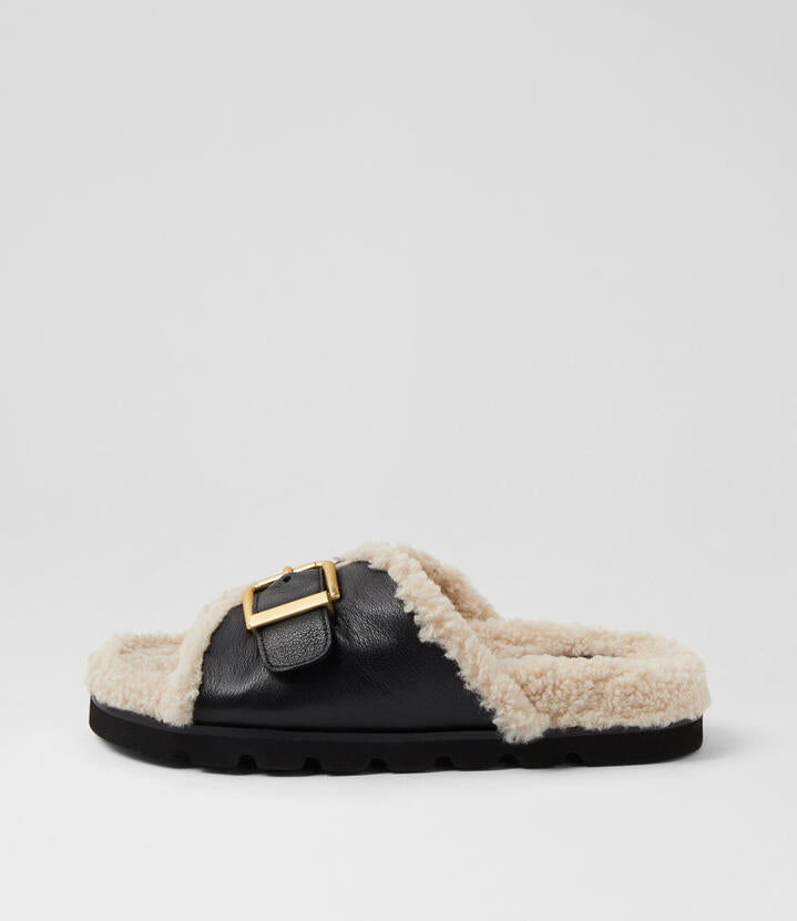 Image of Slippers. Productname: Esme Black Cream Leather Shearling Slides in BLACK-CREAM colour by brand - MOLLINI