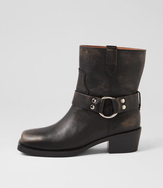 Image of Boots. Productname: Harlee Smokey Black Leather Ankle Boots in SMOKEY BLACK colour by brand - MOLLINI