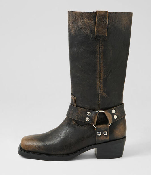 Image of Boots. Productname: Hervee Smokey Black Leather Knee High Boots in SMOKEY BLACK colour by brand - MOLLINI