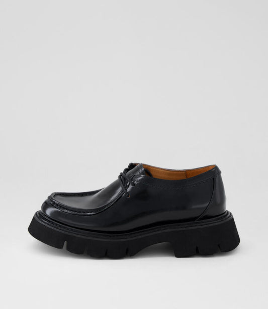 Image of Flats. Productname: Keanna Black Leather Lace Up Flats in BLACK colour by brand - MOLLINI