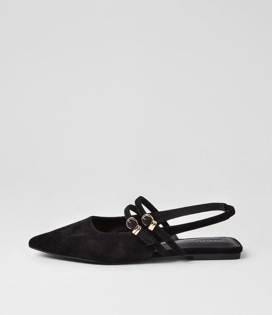 Image of Footwear. Productname: Mandeur Black Suede Flat Shoes in BLACK colour by brand - MOLLINI