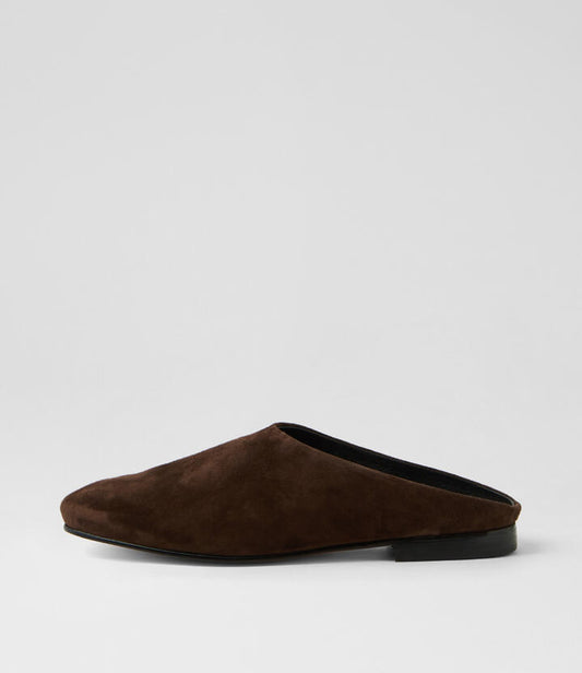 Image of Sandals. Productname: Ulysen Dark Chocolate Suede Mules in DK CHOCOLATE colour by brand - MOLLINI