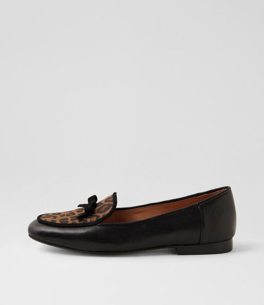 Image of Flats. Productname: Majong Black Camel Leopard Leather Multi Loafers in BLACK-CAMEL LEOPARD colour by brand - MIDAS