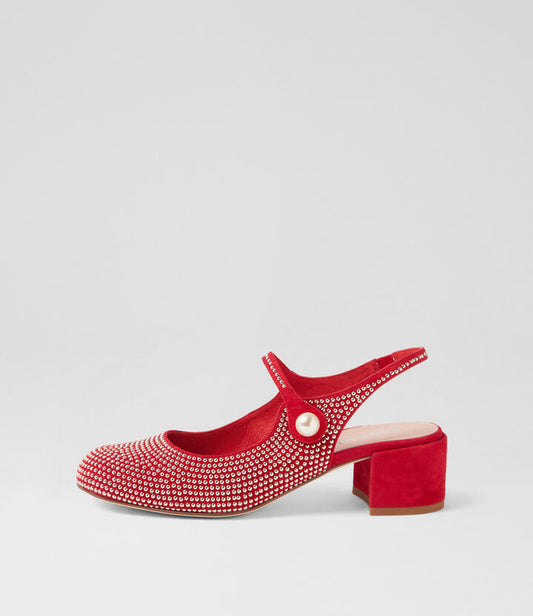 Image of Flats. Productname: Waltza Red Suede Mary Jane Heels in RED colour by brand - MIDAS