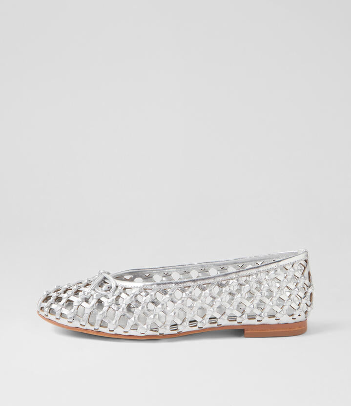 Image of Shoes. Productname: Benga Silver Leather Ballet Flats in Silver colour by brand - MIDAS