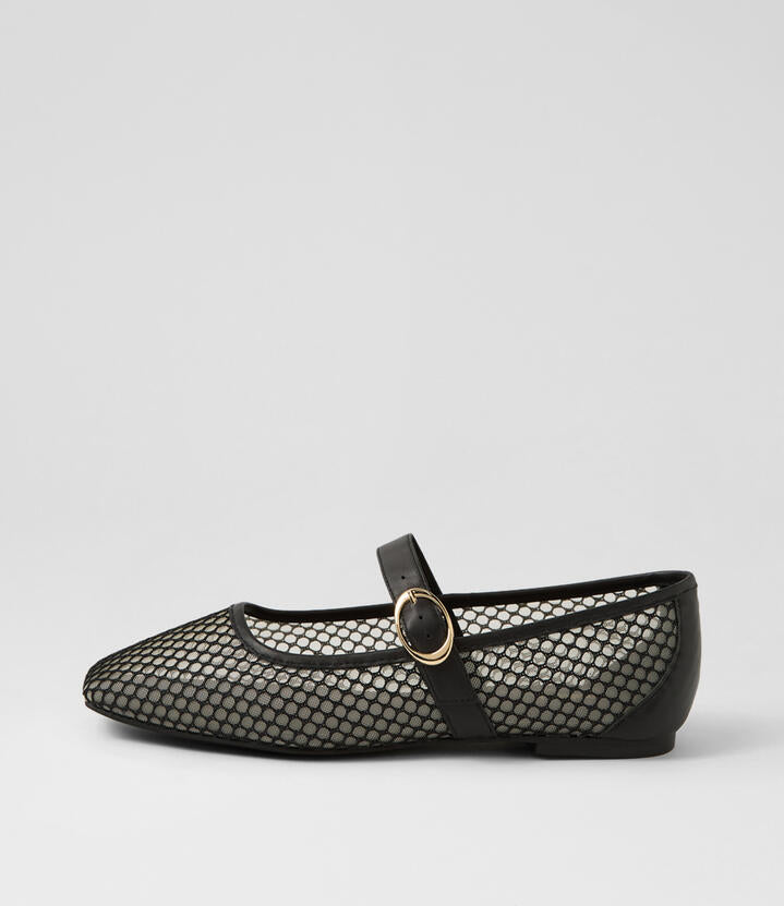 Image of Footwear. Productname: Tartina Black Mesh Leather Flat Shoes in BLACK colour by brand - MOLLINI