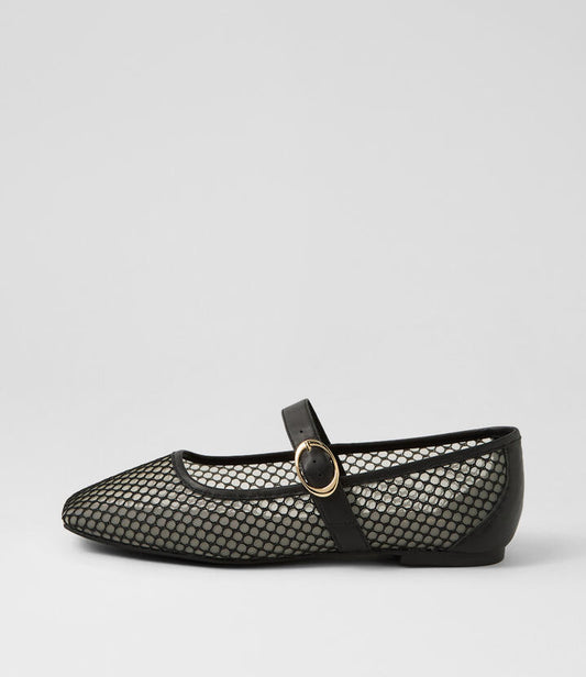 Image of Footwear. Productname: Tartina Black Mesh Leather Flat Shoes in BLACK colour by brand - MOLLINI