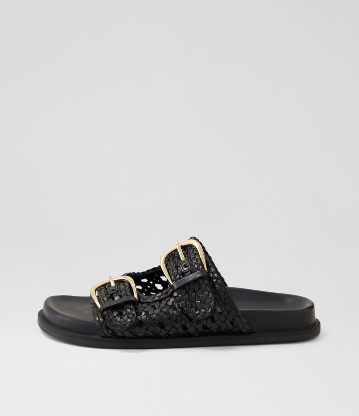 Image of Slippers. Productname: Britmi Black Leather Slides in Black colour by brand - MOLLINI