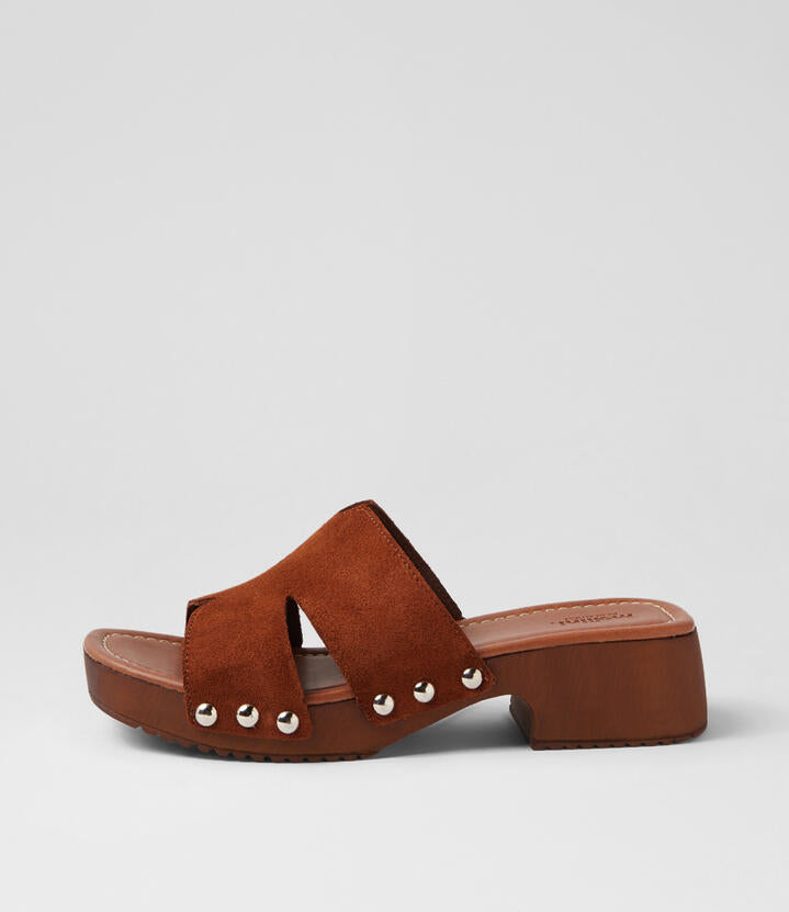 Image of Slippers. Product name - Cranberri Brown Suede Clogs in Brown colour by brand - MOLLINI