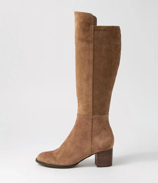 Image of Boots. Productname: Settin Choc Suede Stretch Microsuede Knee High Boots in LT CHOC-CHOC HEEL colour by brand - MIDAS