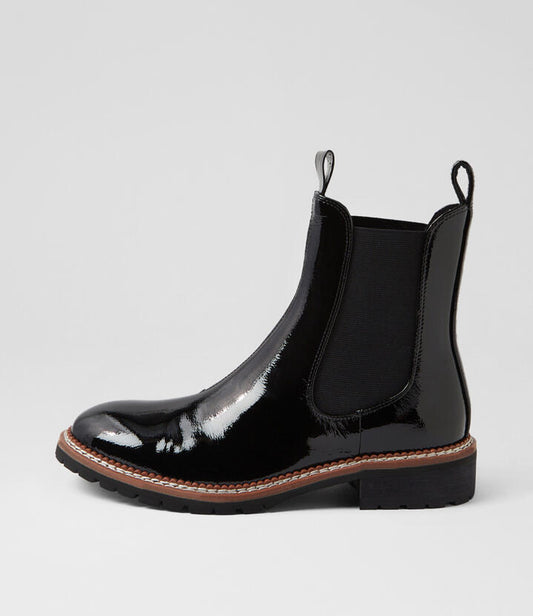 Image of Boots. Productname: Roccom Black Natural Patent Leather Chelsea Boots in BLACK-NATURAL HEEL colour by brand - MOLLINI