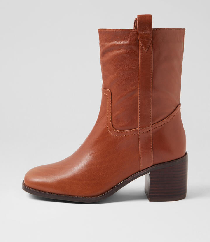 Image of Boots. Productname: Soreen Dark Rum Brown Leather Ankle Boots in DK RUM-DK BROWN HEEL colour by brand - MOLLINI