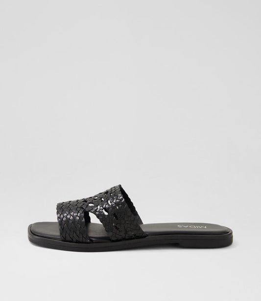 Image of Slippers. Productname: Frill Black Leather Slides in BLACK colour by brand - MIDAS