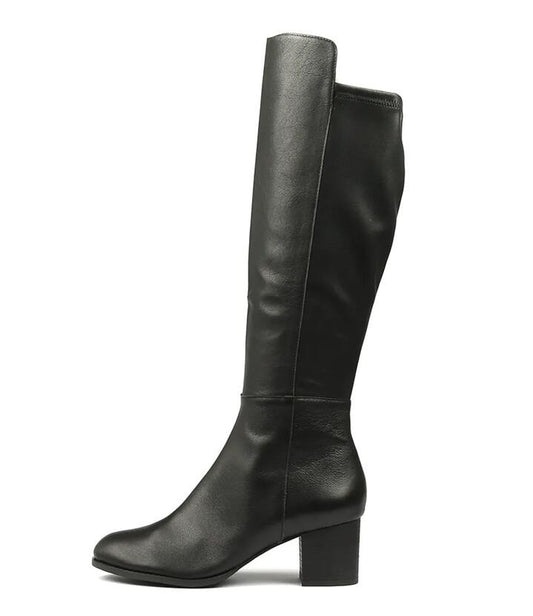 Image of Boots. Productname: Settin Black Stretch Leather Knee High Boots in BLACK-BLACK colour by brand - MIDAS