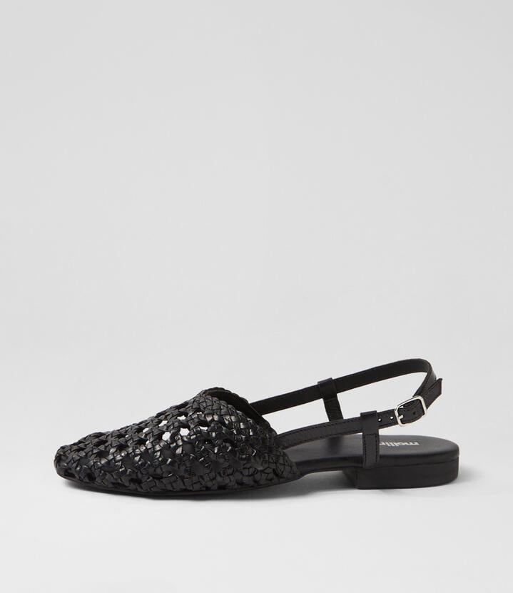 Image of Shoes. Productname: Drasa Black Leather Flat Shoes in Black colour by brand - MOLLINI