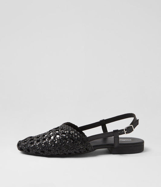 Image of Shoes. Productname: Drasa Black Leather Flat Shoes in Black colour by brand - MOLLINI