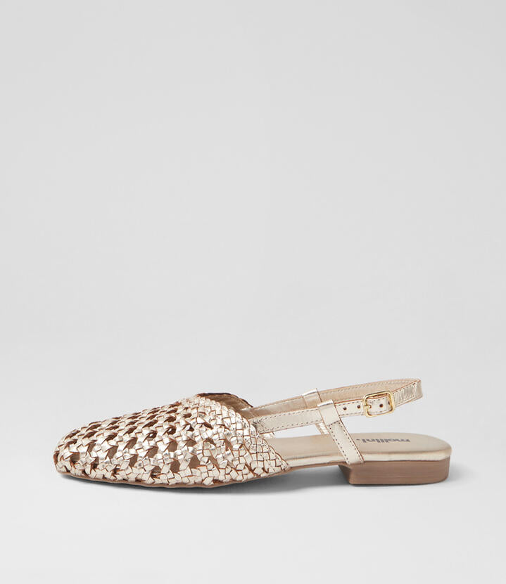Image of Shoes. Productname: Drasa Gold Leather Flat Shoes in Gold colour by brand - MOLLINI