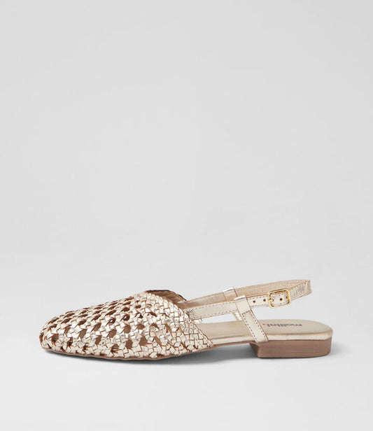 Image of Shoes. Productname: Drasa Gold Leather Flat Shoes in Gold colour by brand - MOLLINI