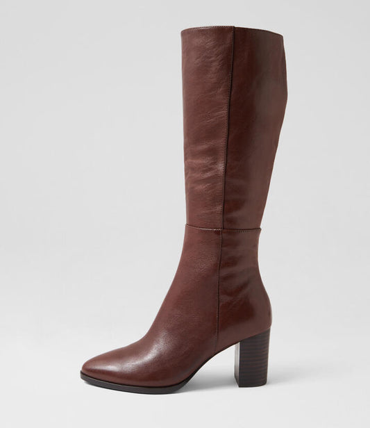 Image of Boots. Productname: Able Choc Brown Leather Knee High Boots in CHOC-BROWN HEEL colour by brand - MIDAS