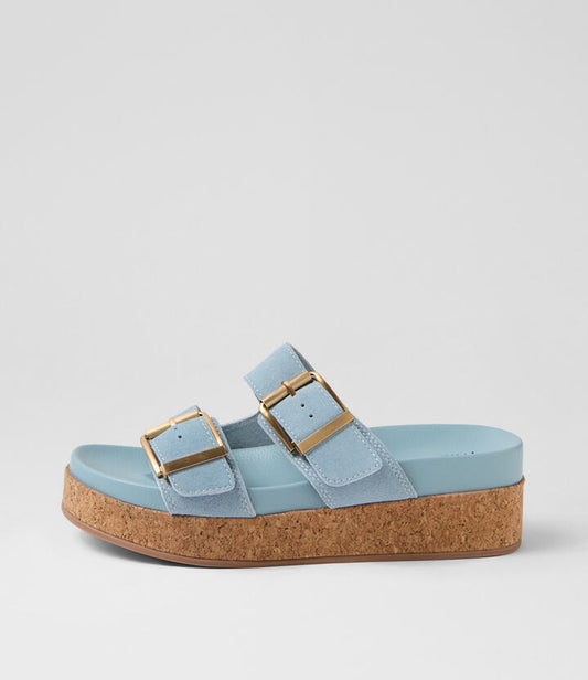 Image of Slippers. Productname: Magoo Powder Blue Suede Slides in POWDER BLUE colour by brand - MIDAS