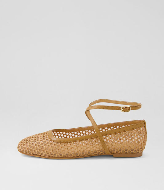 Image of Footwear. Productname: Neesa Tan Woven Leather Ballet Flats in TAN colour by brand - MOLLINI