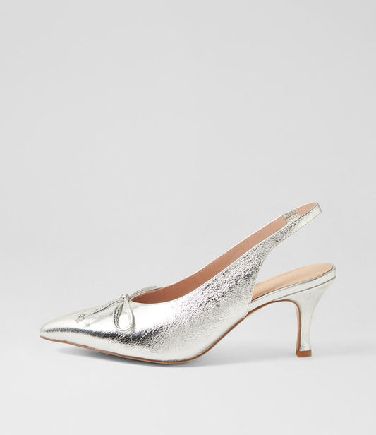 Image of Heels. Productname: Tarshia Silver Crinkle Leather Pump Heels in SILVER colour by brand - MOLLINI