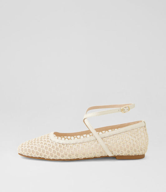 Image of Footwear. Productname: Neesa Ecru Woven Leather Ballet Flats in ECRU colour by brand - MOLLINI