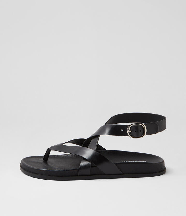 Image of Sandals. Product name - Havilo Black Leather Thongs in Black-Black Sole colour by brand - MOLLINI