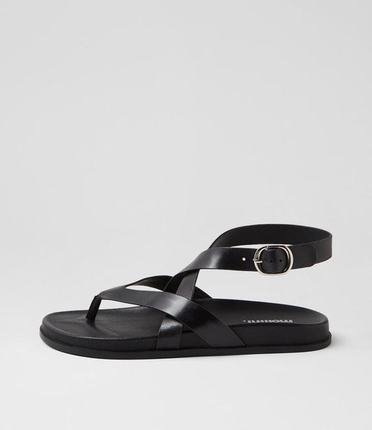 Image of Sandals. Product name - Havilo Black Leather Thongs in Black-Black Sole colour by brand - MOLLINI