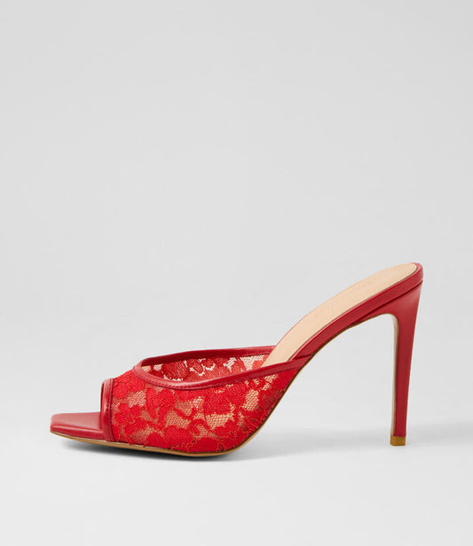 Image of Heels. Productname: Jeney Red Lace Heels in RED colour by brand - MOLLINI
