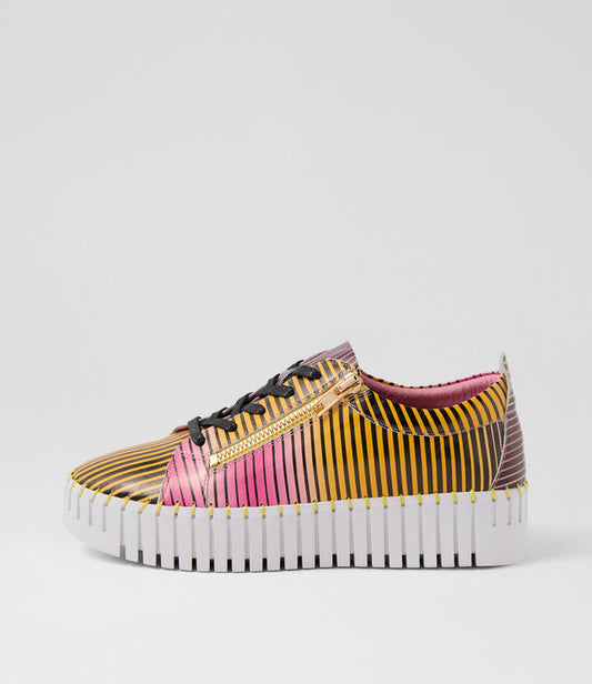 Image of Sneakers. Productname: Braelyn Yellow Pink White Stripe Leather Sneakers in Yellow&Pink-White Sole colour by brand - MIDAS