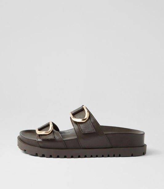 Image of Slippers. Productname: Ully Choc Leather Slides in CHOC-CHOC SOLE colour by brand - MIDAS